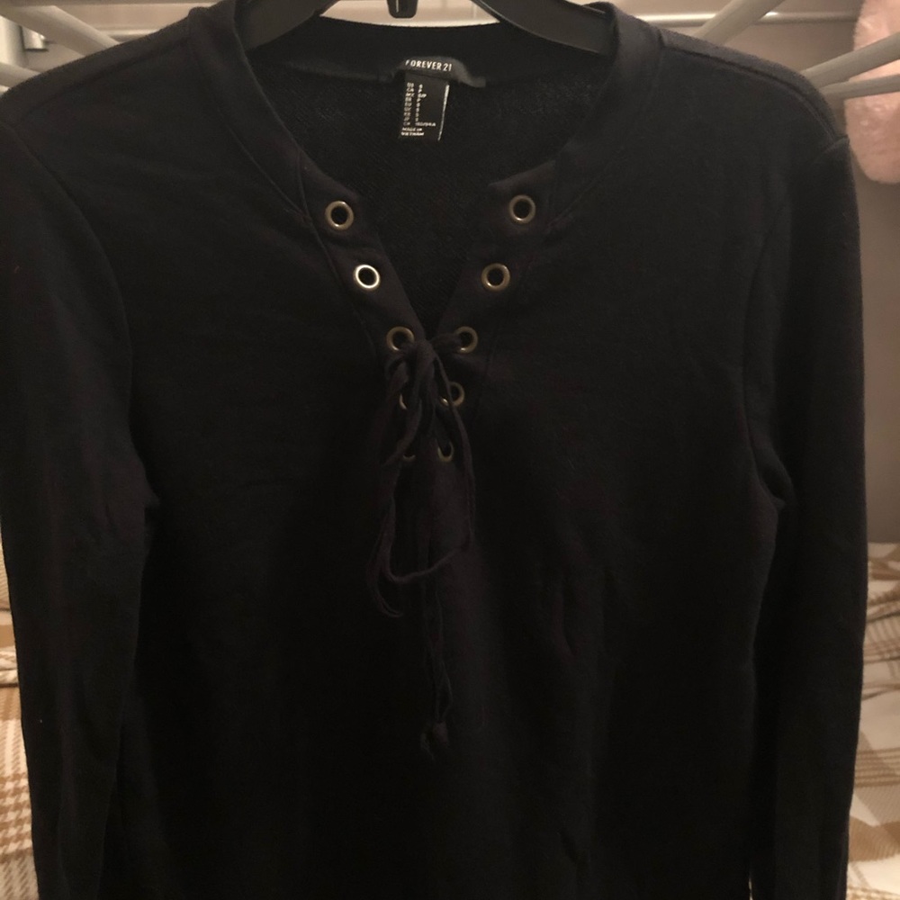 Tie-up front black long sleeve top
